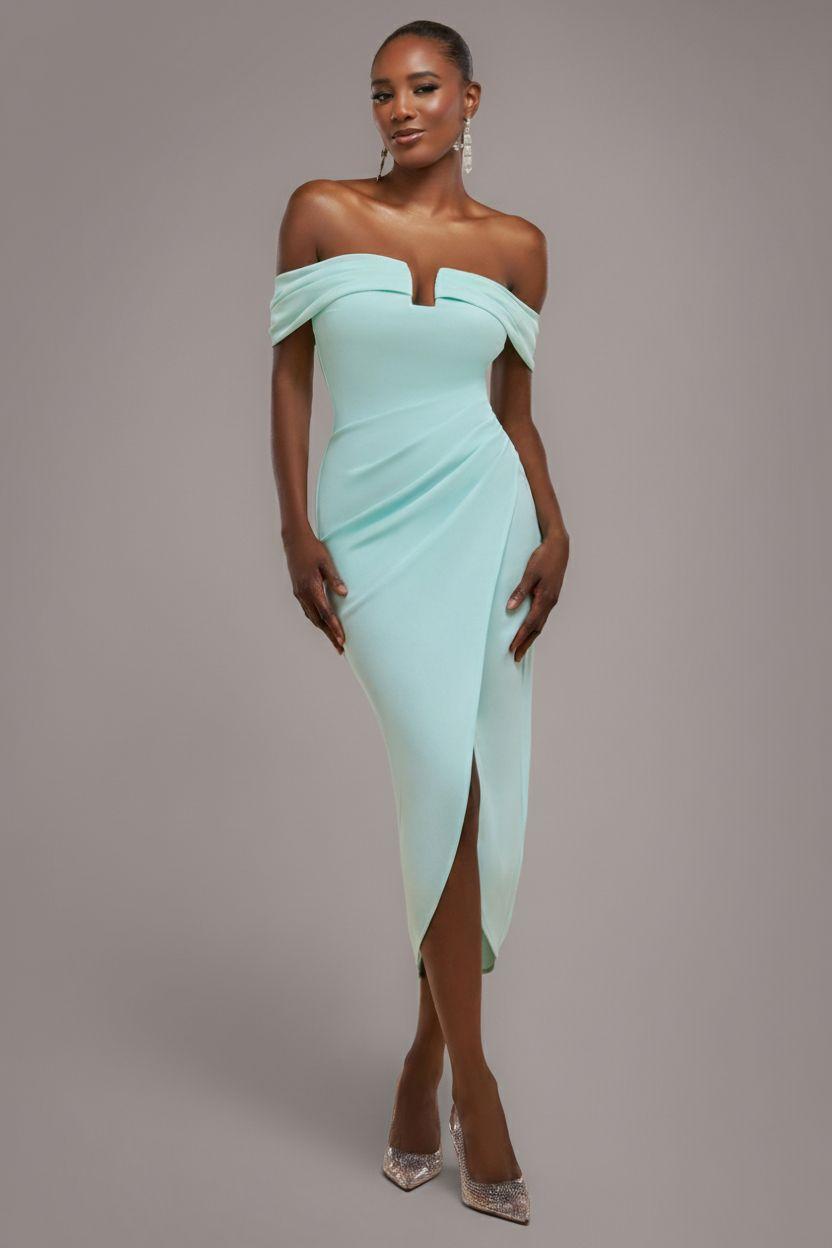 Off The Shoulder Chiffon Wing Scuba Crepe Midi Dress by GODDIVA