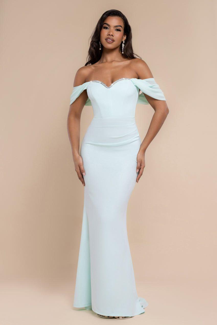 Off The Shoulder Draped Sleeve Maxi Dress With Diamante Neckline by GODDIVA