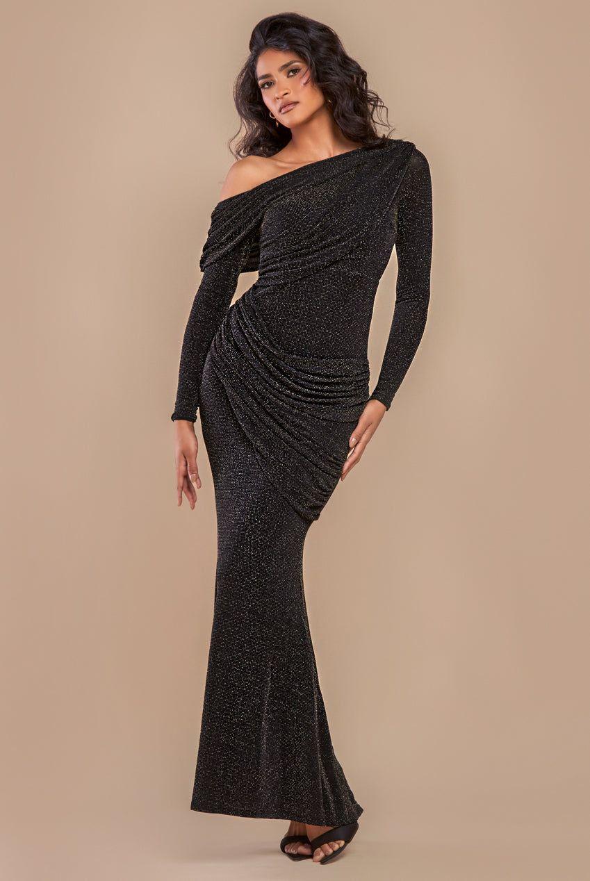 Off The Shoulder Gathered Panel Sparkle Lurex Maxi Dress by GODDIVA