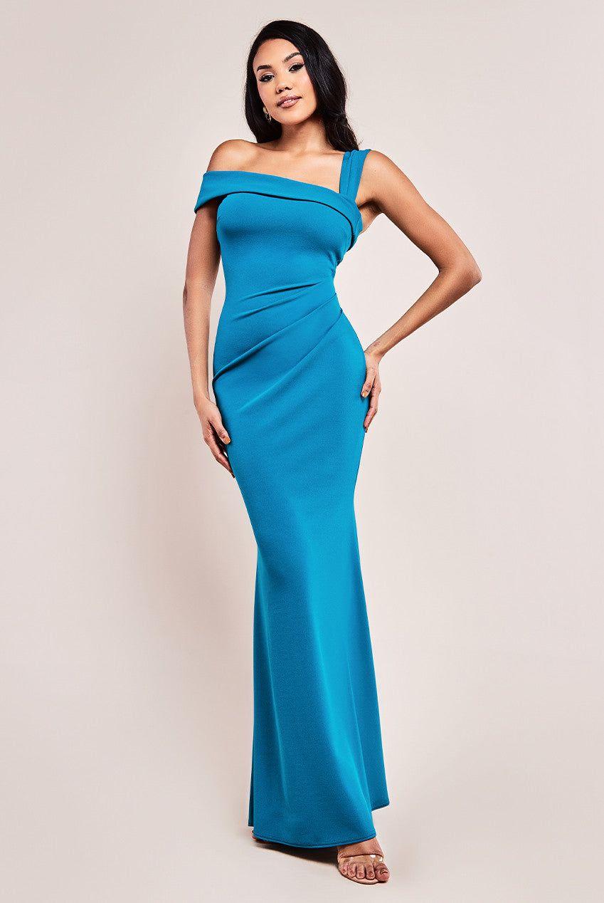 Off The Shoulder Pleated Waist Maxi Dress by GODDIVA