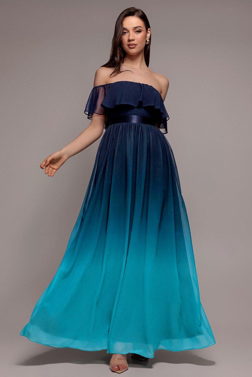Ombre Chiffon Bardot Frill A line Maxi Dress by GODDIVA