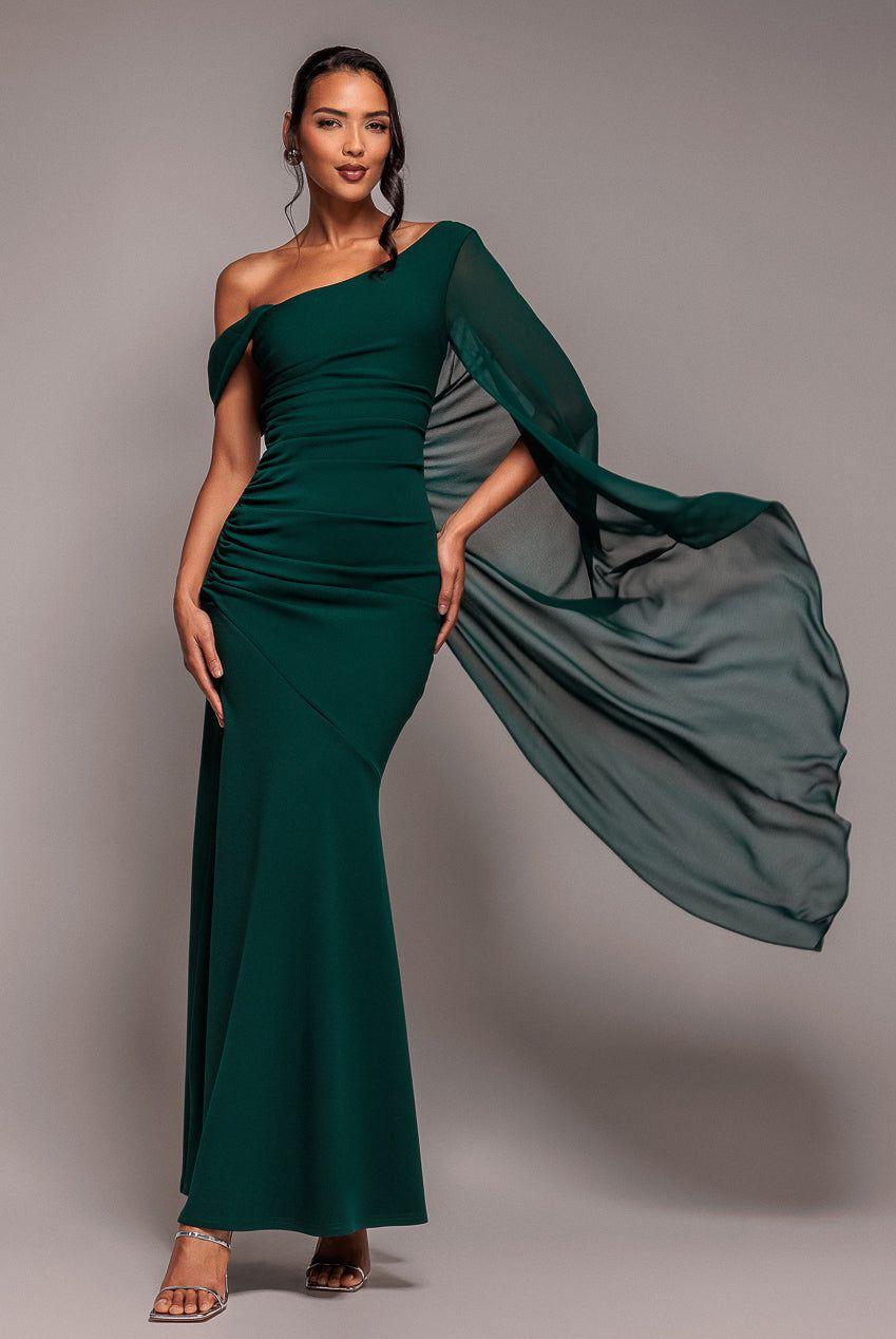 One Shoulder Cape Scuba & Chiffon Maxi Dress by GODDIVA