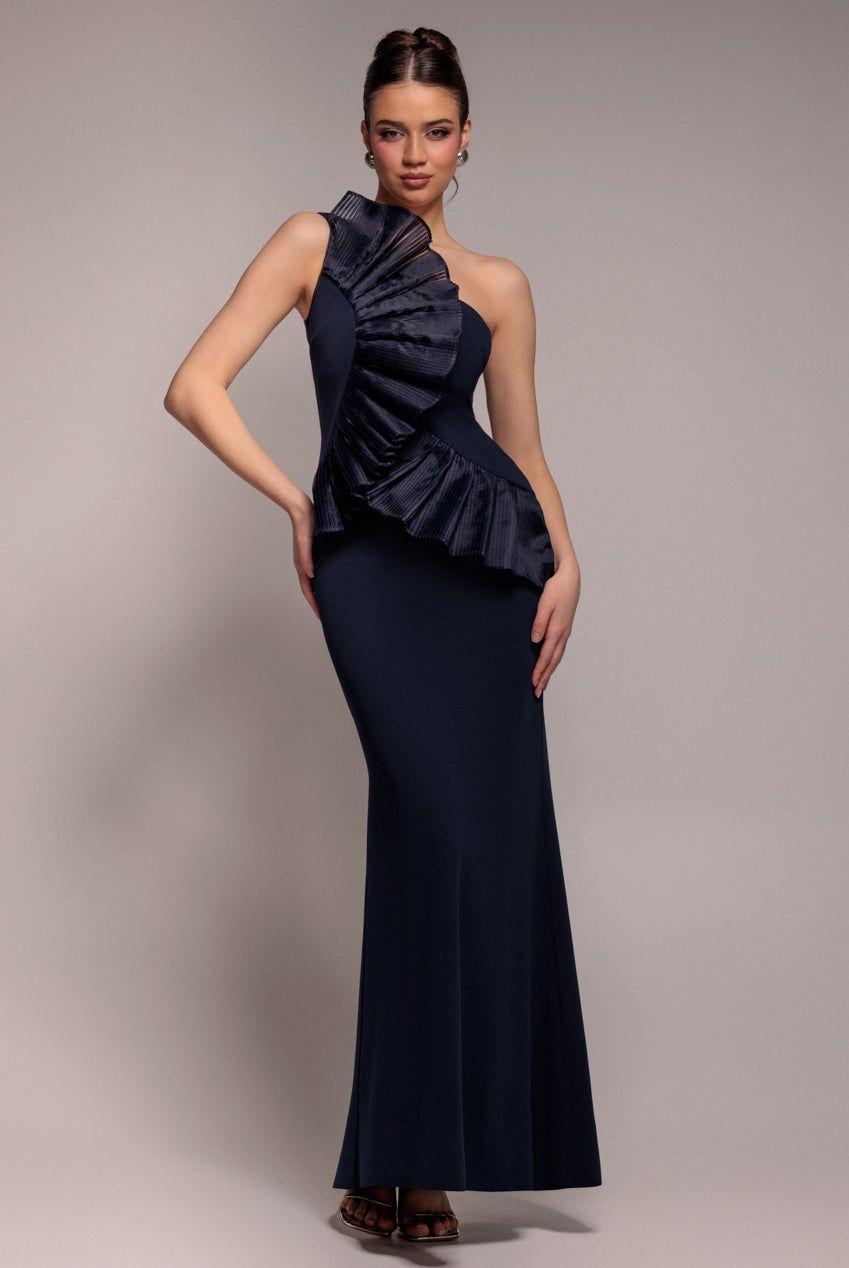 One Shoulder Pleated Fan Maxi Dress by GODDIVA