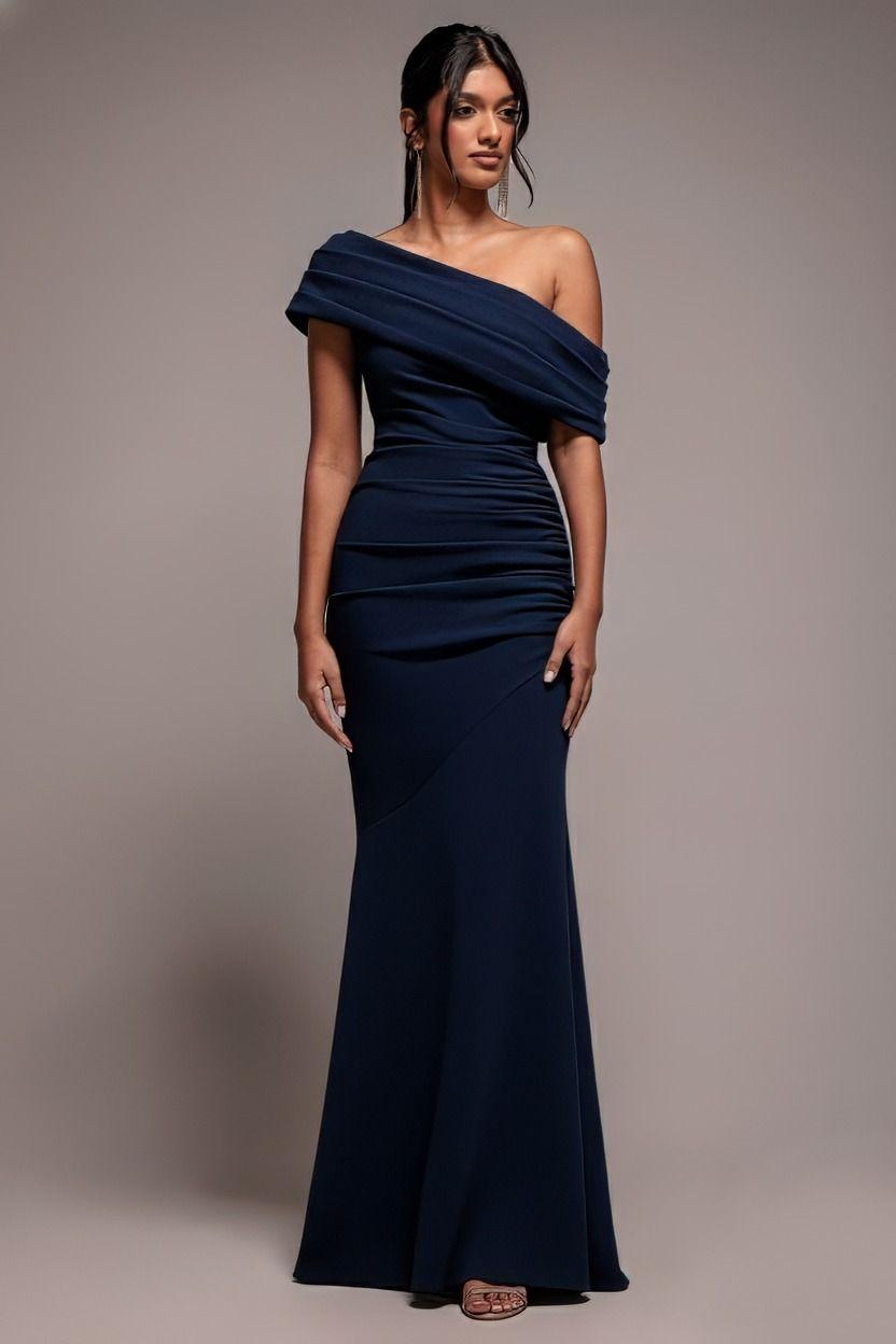 Pleated One Shoulder Bardot Fit And Flare Maxi Dress by GODDIVA Pleated One Shoulder Bardot Fit And Flare Maxi Dress by GODDIVA