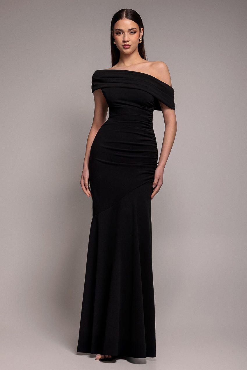 Pleated One Shoulder Bardot Fit And Flare Maxi Dress by GODDIVA