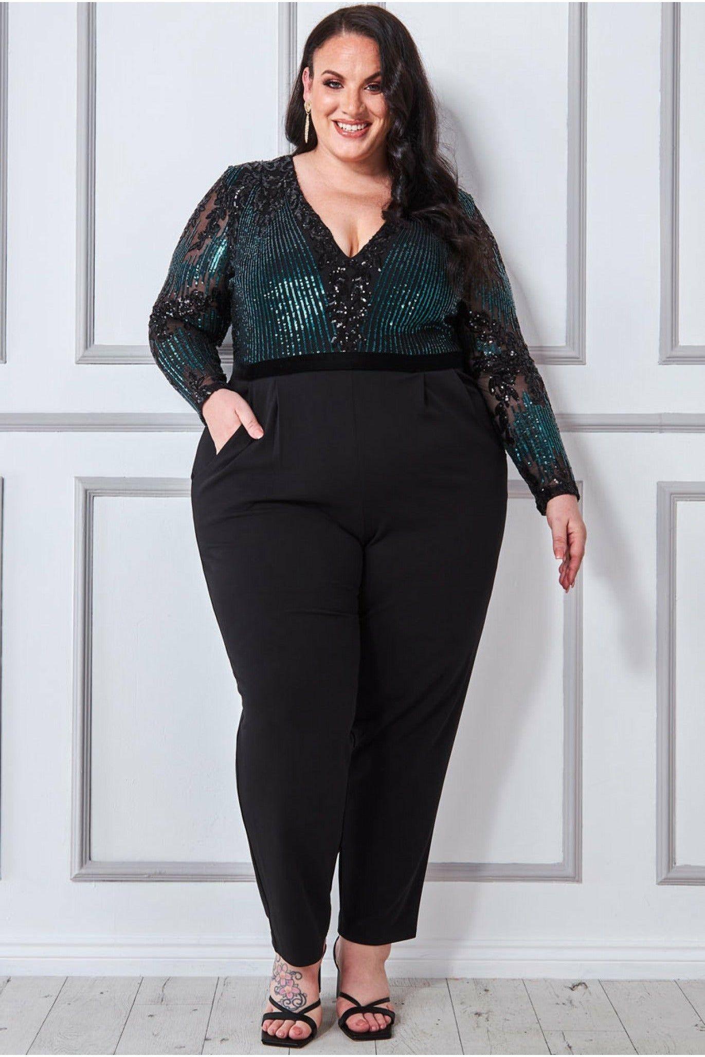 Plus Sequin & Mesh Jumpsuit by GODDIVA