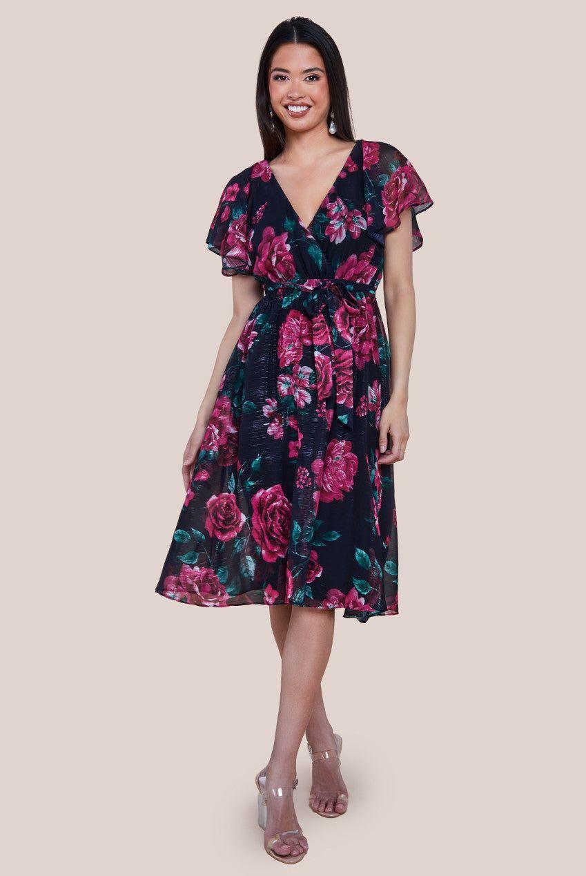 Printed Sparkling A Line Flutter Sleeve Midi Dress by GODDIVA
