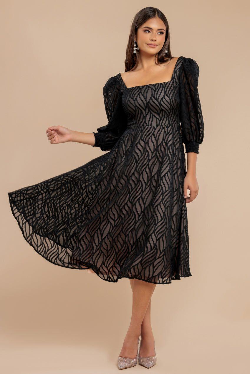Puff Sleeve Side Slit Flared Jacquard Chiffon Midi Dress by GODDIVA