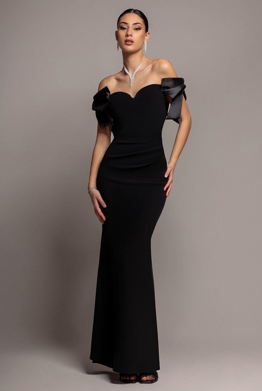 Satin Bow Bardot Sheath Maxi Dress by GODDIVA