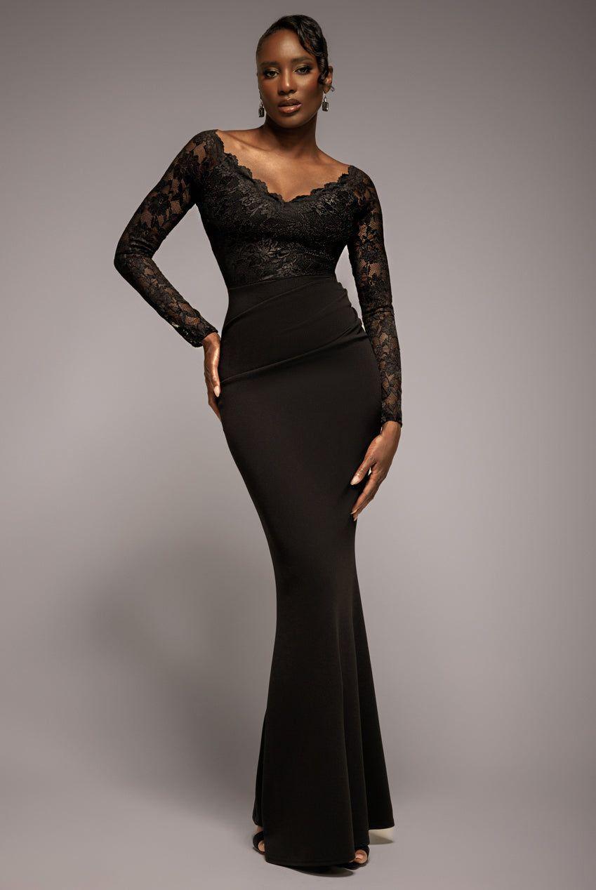 Scalloped Lace Bodice Long Sleeve Bardot Maxi Dress by GODDIVA