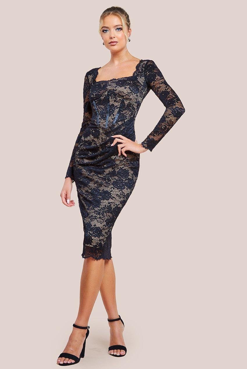 Scalloped Lace Corset Bodice Midi Dress by GODDIVA