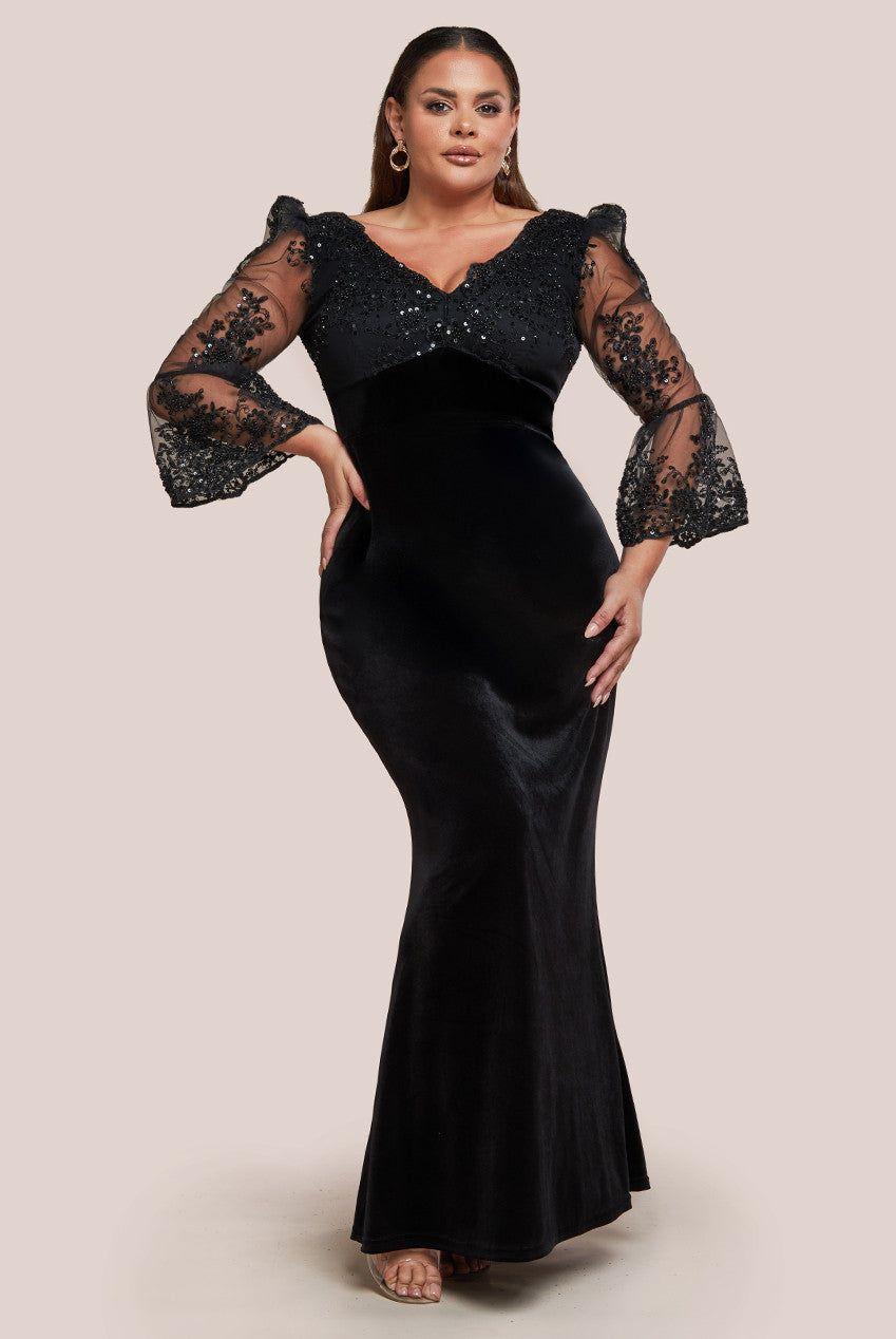 Scalloped Lace & Velvet Maxi Dress by GODDIVA