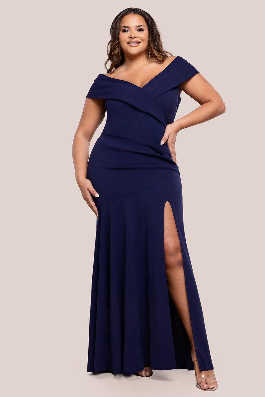 Scuba Crepe Off Shoulder Front Split Maxi Dress by GODDIVA