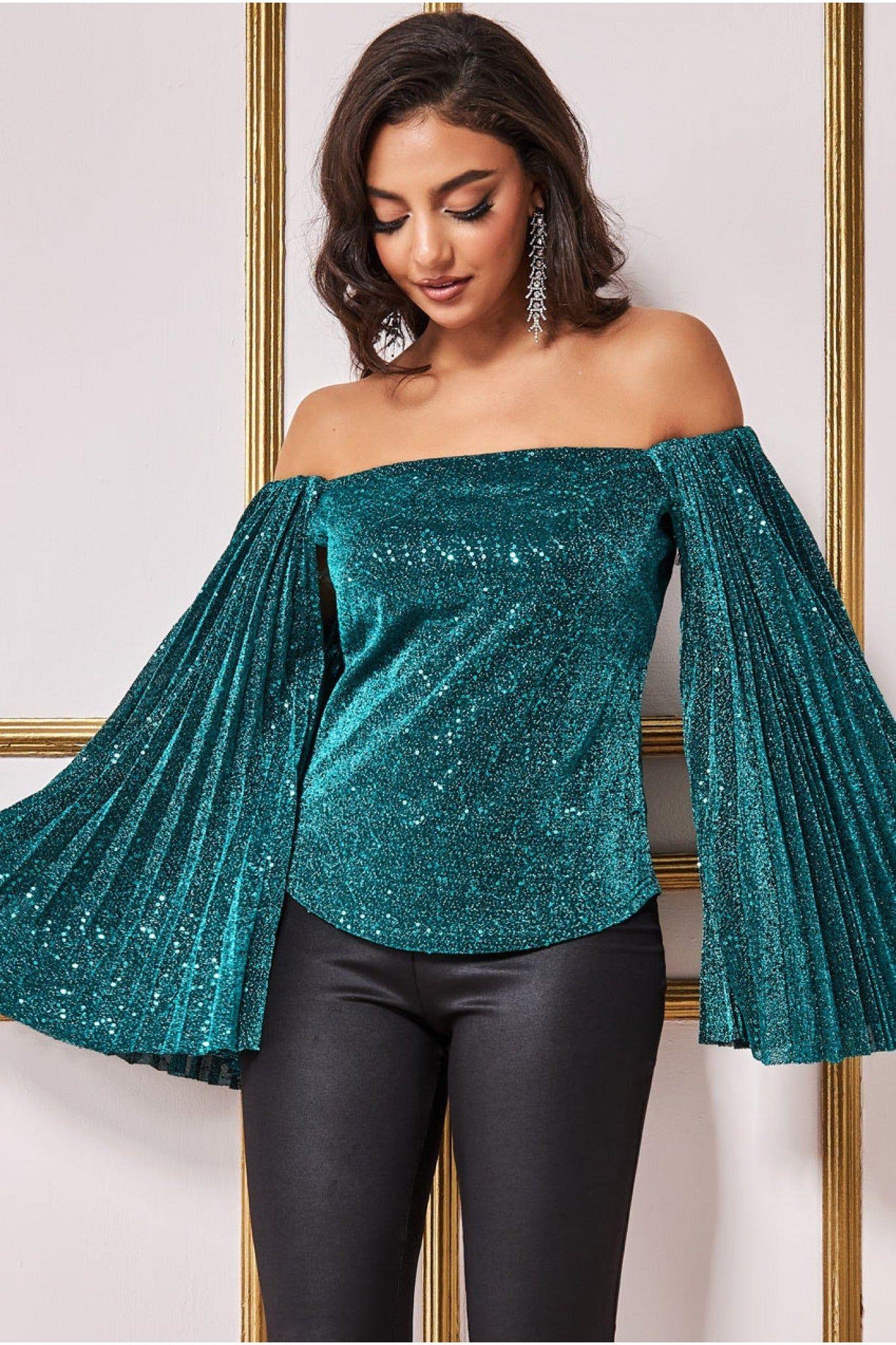 Sequin Sparkling Bardot Pleated Sleeve Top by GODDIVA