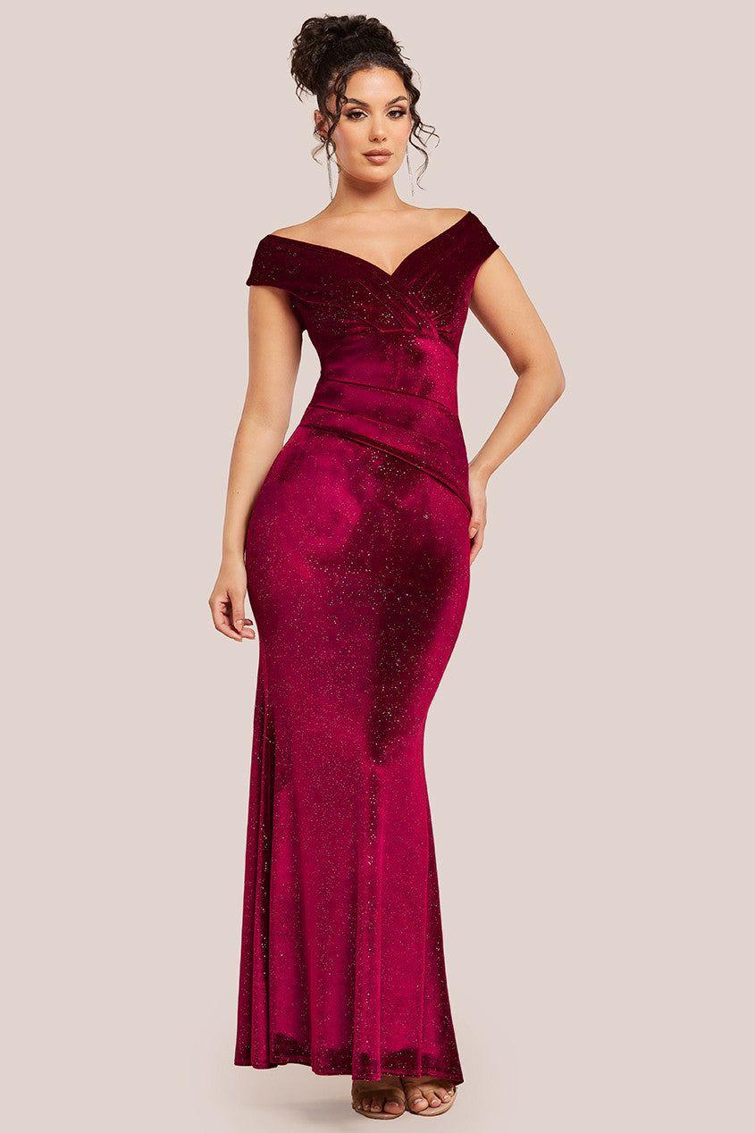 Shimmer Velvet Bardot Maxi Dress by GODDIVA
