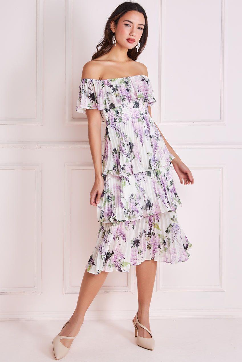 Shirred Chiffon Floral Bardot Midi by GODDIVA