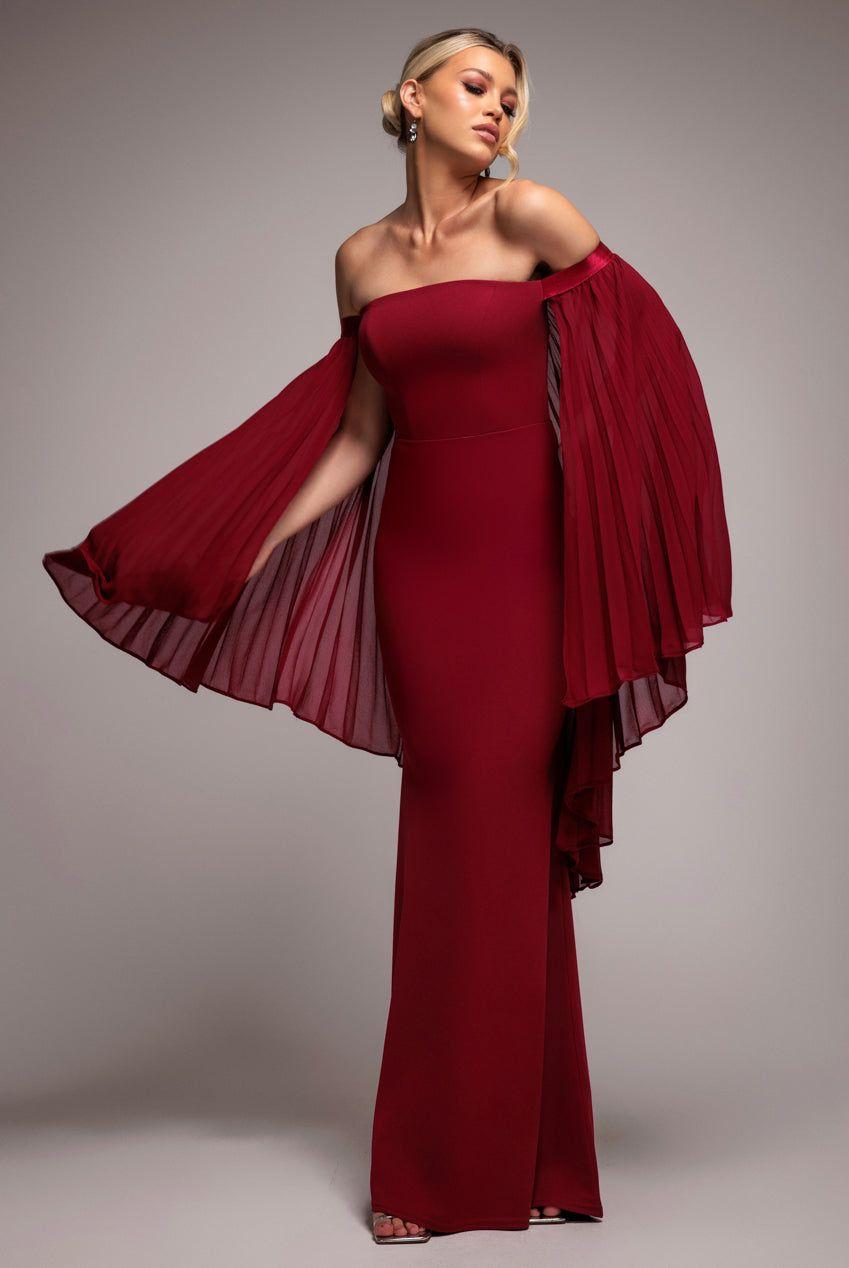 Strapless Maxi Dress With Pleated Chiffon Cape by GODDIVA