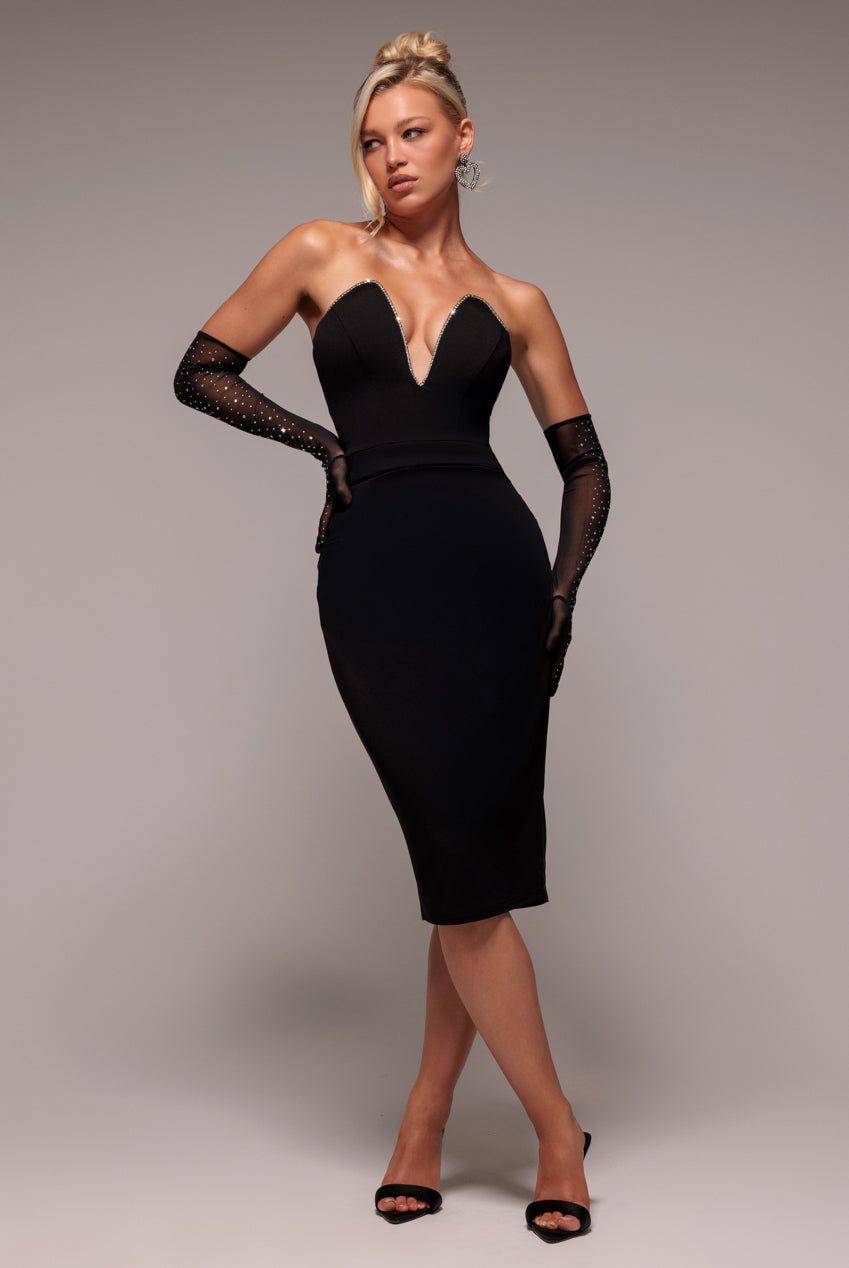 Strapless Super Plunge Diamante Neck Midi Dress by GODDIVA