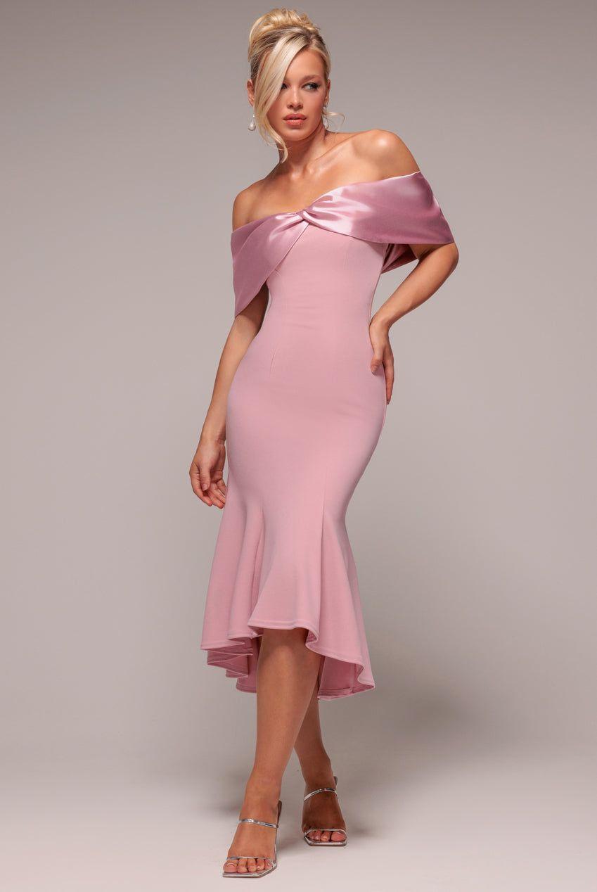Twist Knot Satin & Scuba Bardot High Low Midi Dress by GODDIVA