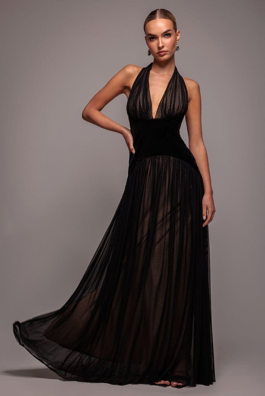Velvet And Dobby Mesh A Line Halter Maxi Dress by GODDIVA