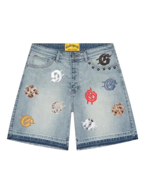 Infinity embellished denim shorts by GODSPEED