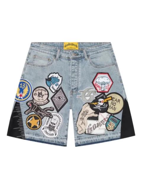 patchwork denim shorts by GODSPEED