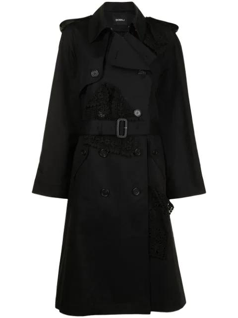 double-breasted lace-paneled trench coat by GOEN.J