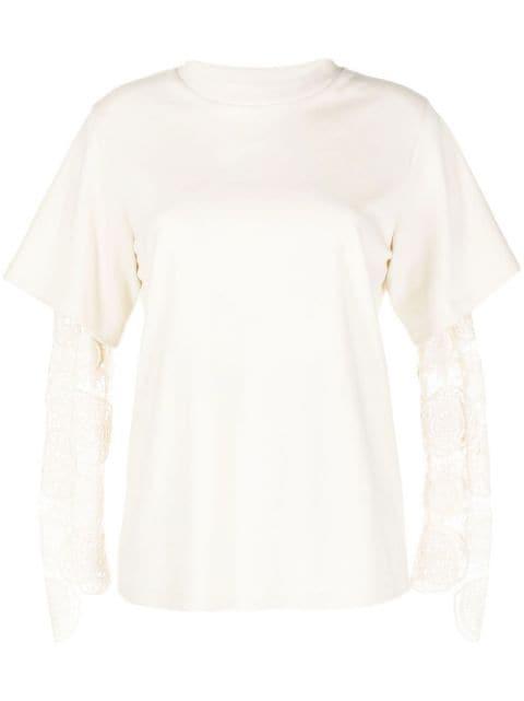 lace-sleeve crew neck T-shirt by GOEN.J