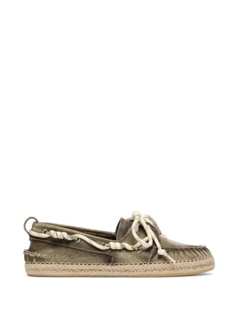 Cruise moccasins in military-green canvas with white trekking laces and juta-effect foxing by GOLDEN GOOSE