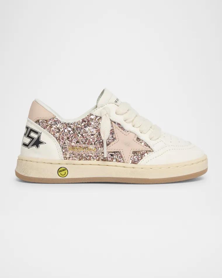Girl's Ball Star Glitter and Leather Sneakers, Toddler/Kids by GOLDEN GOOSE