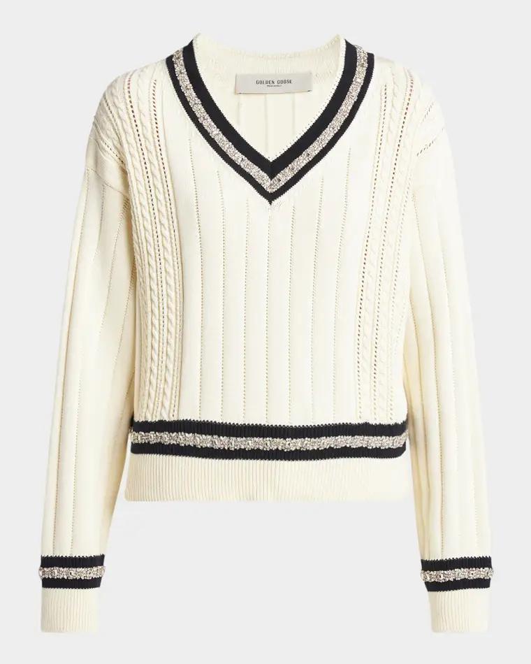 Golden Embellished V-Neck Varsity Sweater by GOLDEN GOOSE
