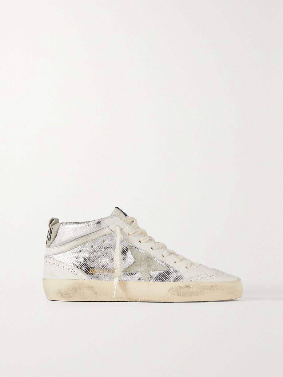 Mid Star distressed suede-trimmed metallic snake-effect leather sneakers by GOLDEN GOOSE
