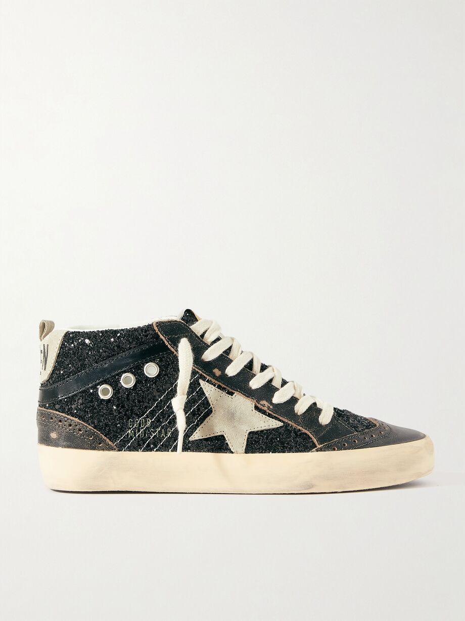 Mid Star suede and leather-trimmed distressed glittered faux leather sneakers by GOLDEN GOOSE