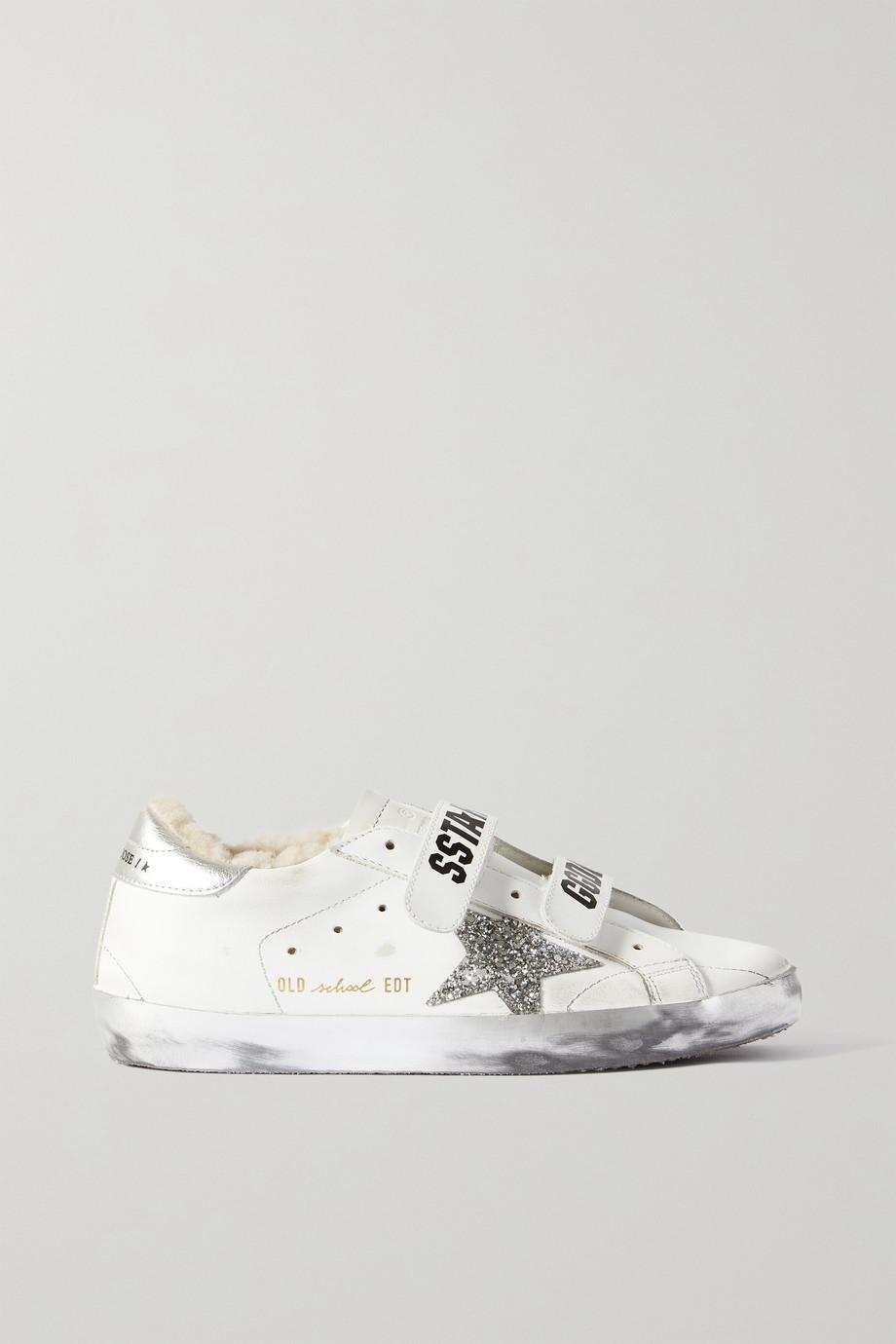Old School shearling-lined distressed glittered leather sneakers by GOLDEN GOOSE