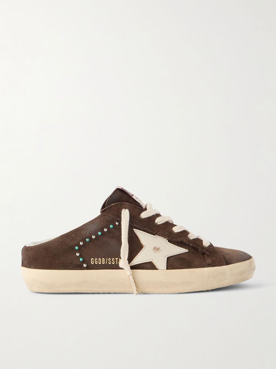 Super-Star Sabot distressed leather-trimmed studded suede slip-on sneakers by GOLDEN GOOSE