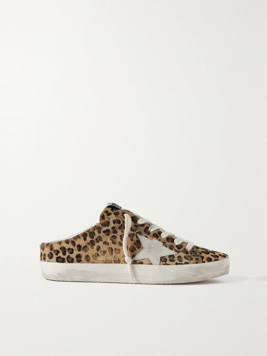 Super-Star Sabot distressed leopard-print calf hair slip-on sneakers by GOLDEN GOOSE