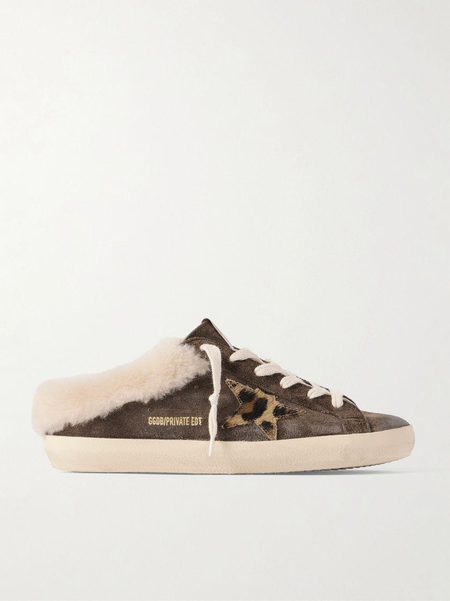 Super-Star Sabot shearling-lined calf hair-trimmed distressed suede slip-on sneakers by GOLDEN GOOSE
