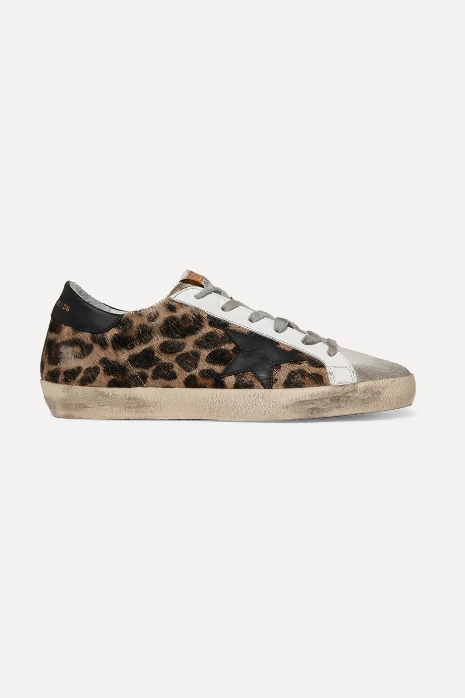 Superstar distressed leopard-print calf hair, leather and suede sneakers by GOLDEN GOOSE