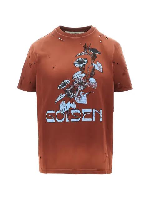T-shirt in rust-colored cotton jersey with floral print by GOLDEN GOOSE