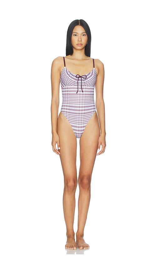 Good American Plaid Drawstring One Piece Swimsuit in Baby Blue by GOOD AMERICAN