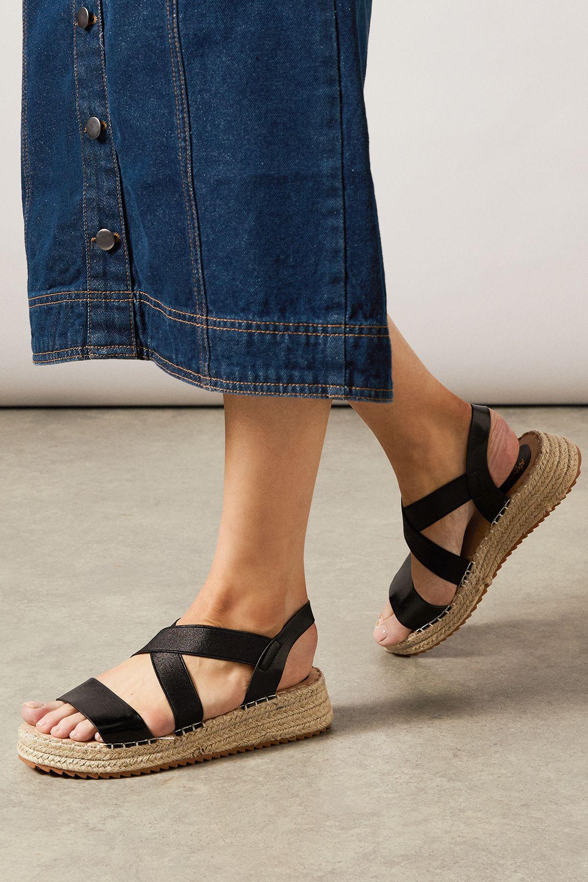 Good For The Sole: Farah Faux Leather Elastic Cross Strap Espadrille Flatform Wedge Sandals by GOOD FOR THE SOLE