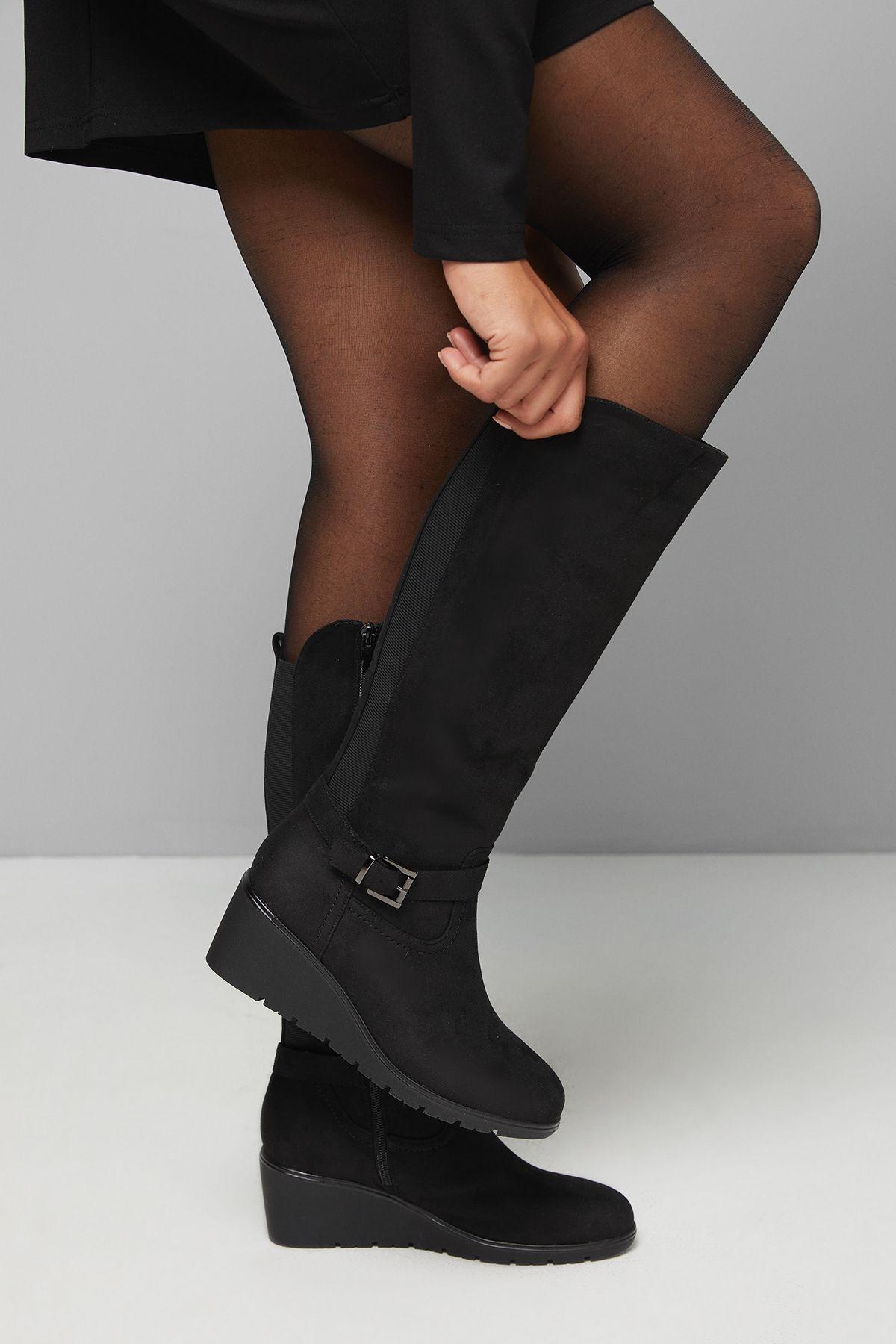 Good For The Sole: Fiona Comfort Black Stretch Medium Wedge Casual Knee High Boots by GOOD FOR THE SOLE