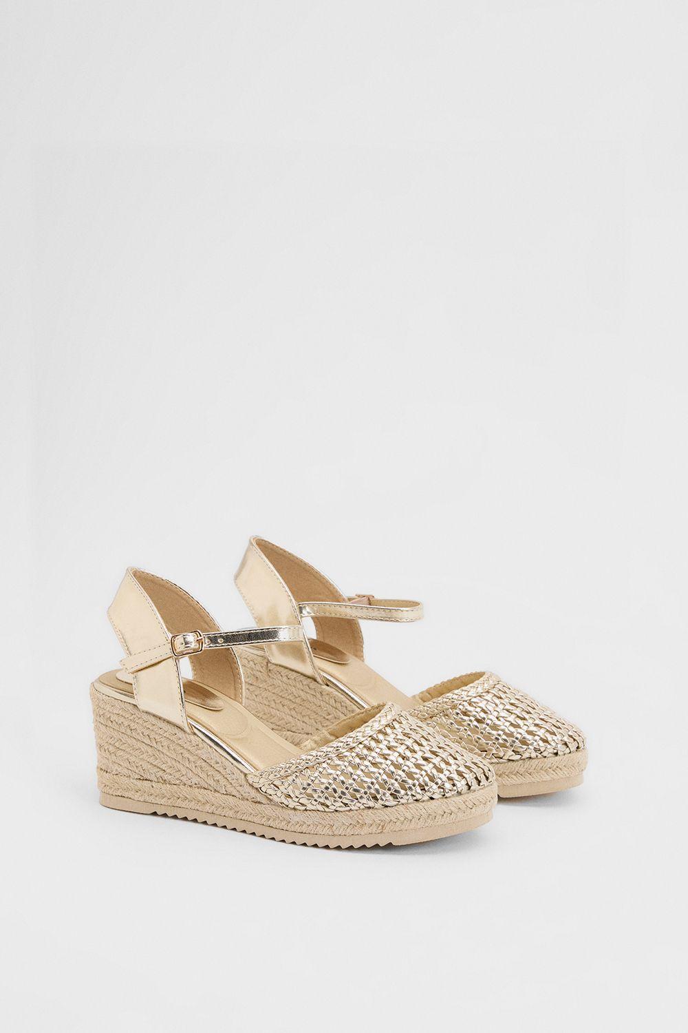Good For The Sole: Keira Faux Leather Woven Comfort Closed Toe Espadrille Wedge Sandals by GOOD FOR THE SOLE