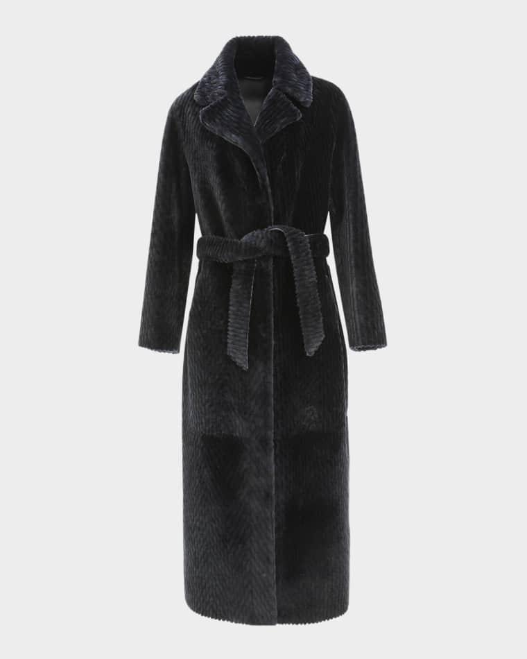 Reversible Chevron-Print Grooved Shearling Lamb Coat With Belt by GORSKI