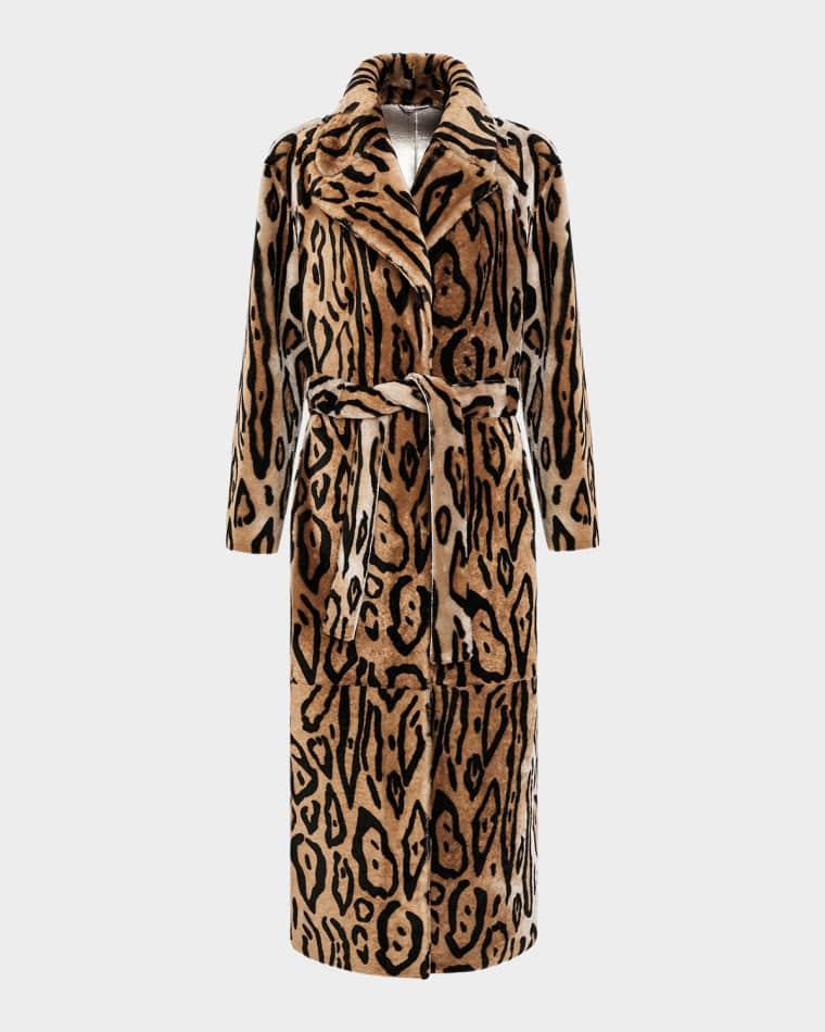 Reversible Ocelot-Print Shearling Lamb Coat With Belt by GORSKI
