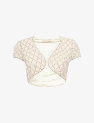 Pearl and Crystal-Embellished Cropped Satin Jacket by GRACE FAENA