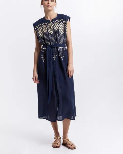 embroidered belted dress by GREEK ARCHAIC KORI