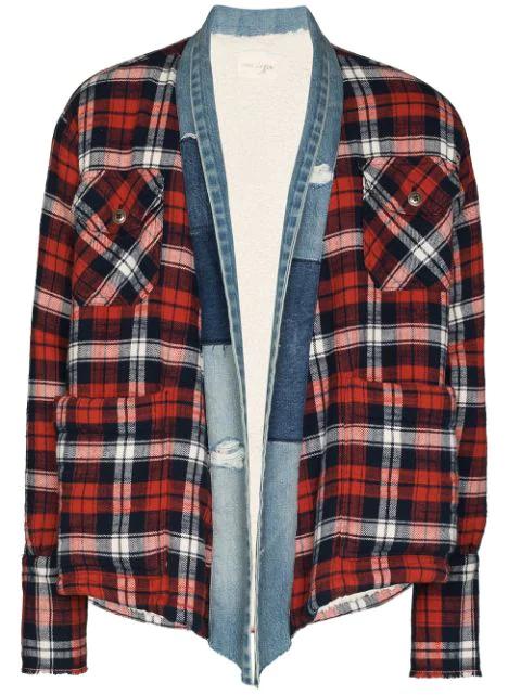 plaid flannel and denim cardigan by GREG LAUREN