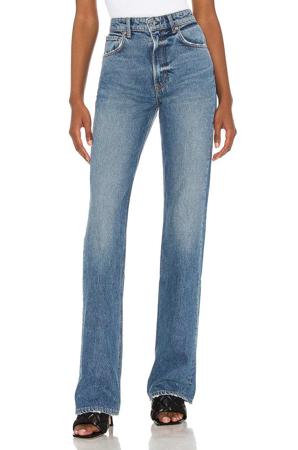 GRLFRND Melanie High Rise Boot Cut Jeans in Blue by GRLFRND