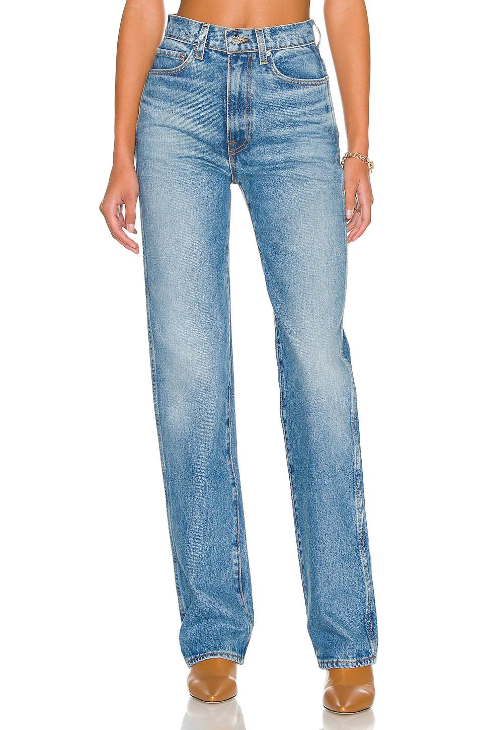 GRLFRND Sara Super High Rise Slim Straight Jeans in Denim-Medium by GRLFRND